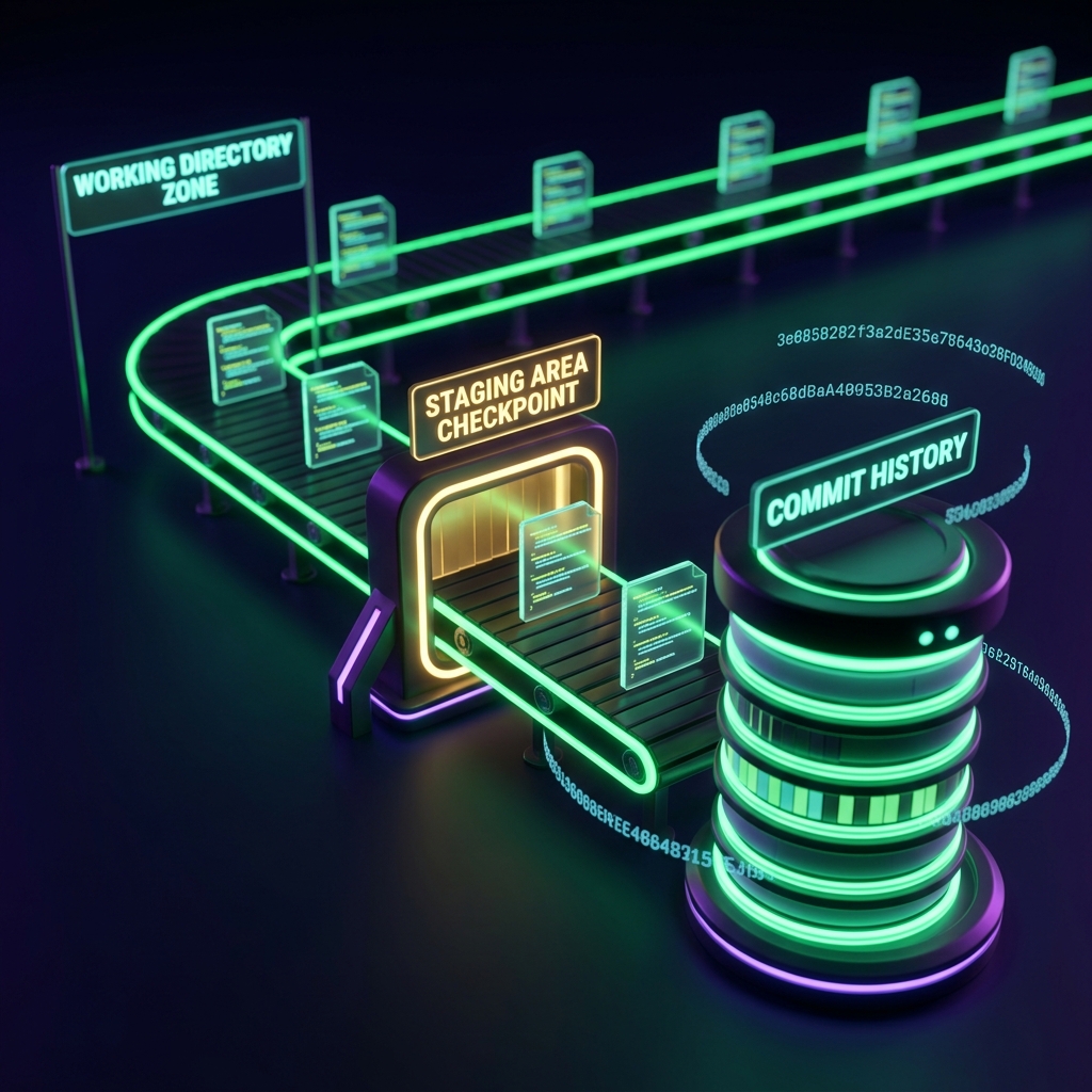 Git staging area, commits, and the repository model
