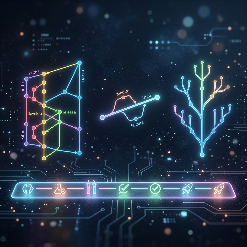 Git branching workflows, commit conventions, and CI